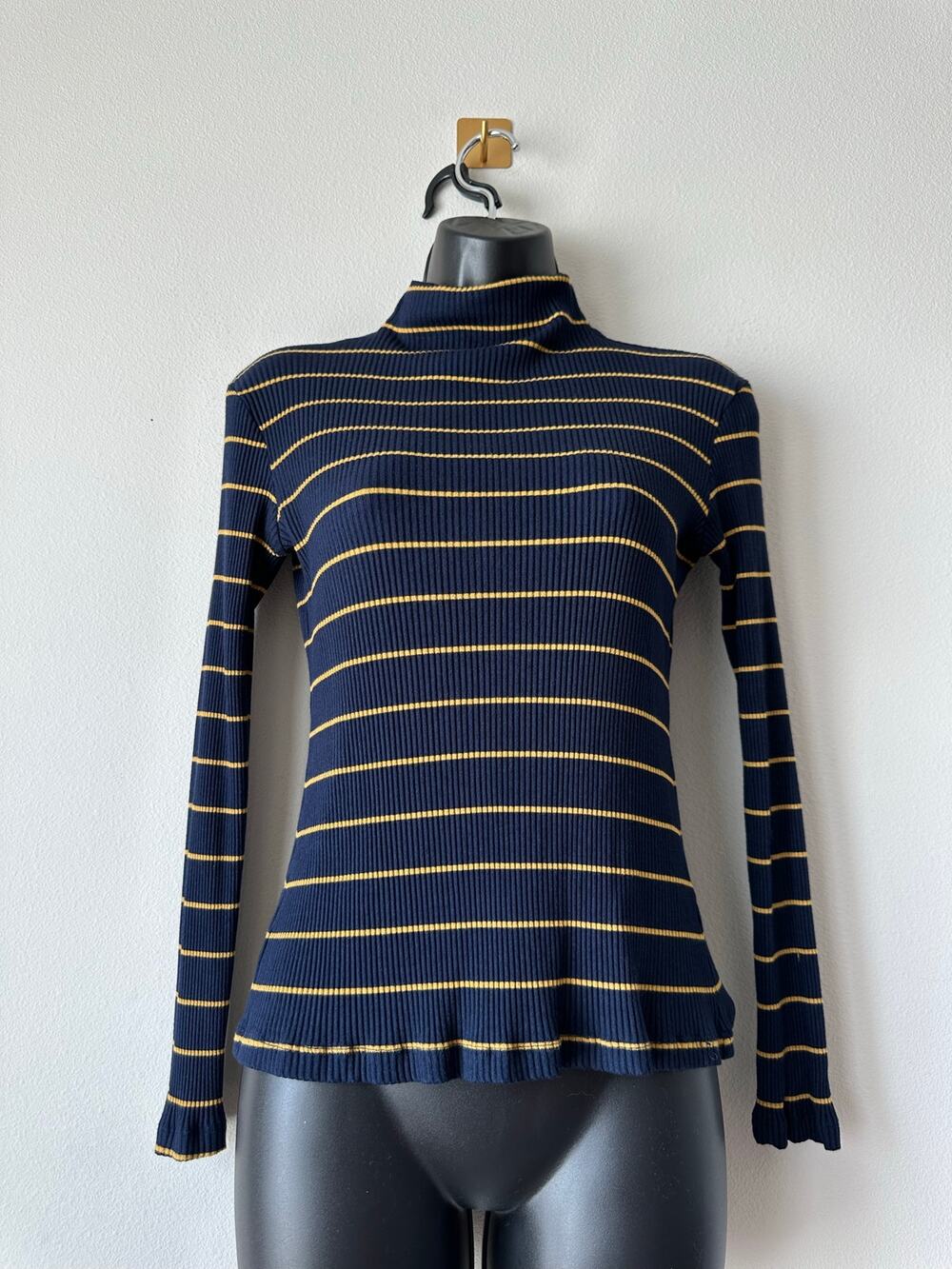 Amour Vert Navy Blue Mustard Striped Ribbed Turtleneck Top Modal Stretch USA M